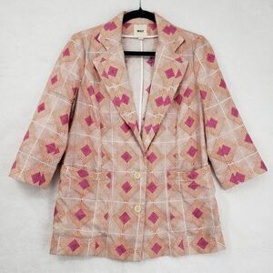 WHIT Blazer Womens Small Pink Orange Geometric Linen Silk Made in USA 3/4 Sleeve